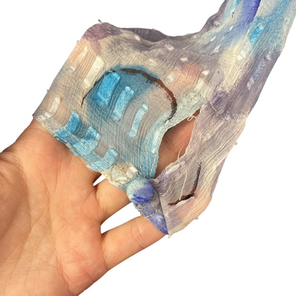 100% Silk Layered Dress S Vintage Long Sleeve Rosette Flowy V-Neck Blue Gray - Picture 7 of 11